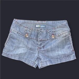 NOBLE blue low rise denim shorts with red stitching, size 9